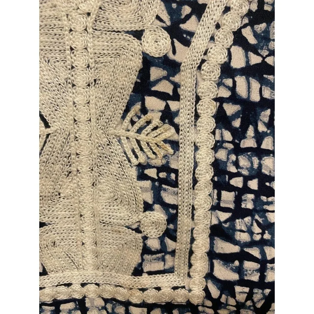 Tory Burch Blouse Womens Size 10 Blue Geometric Tunic Long Sleeve Crochet Trim